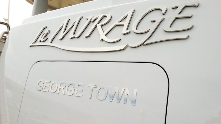 Chrome boat letters with George Town haling port.