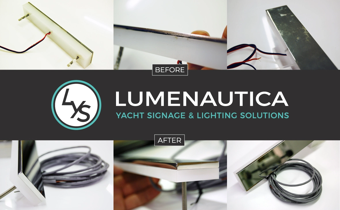 Yacht name refurbished by Lumenautica. Re-polished mirror stainless steel and repair name boards.