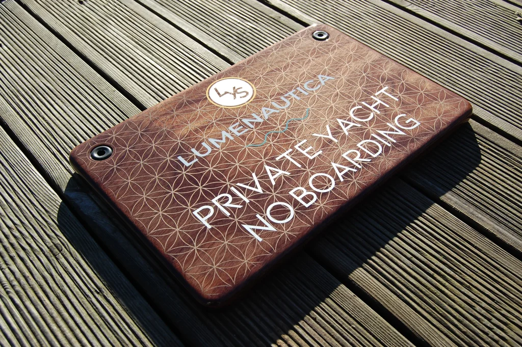 Lumenautica Iroko Private Yacht No Boarding Sign made to the CUSTOM-LINE specification made in wood with Brass inlay