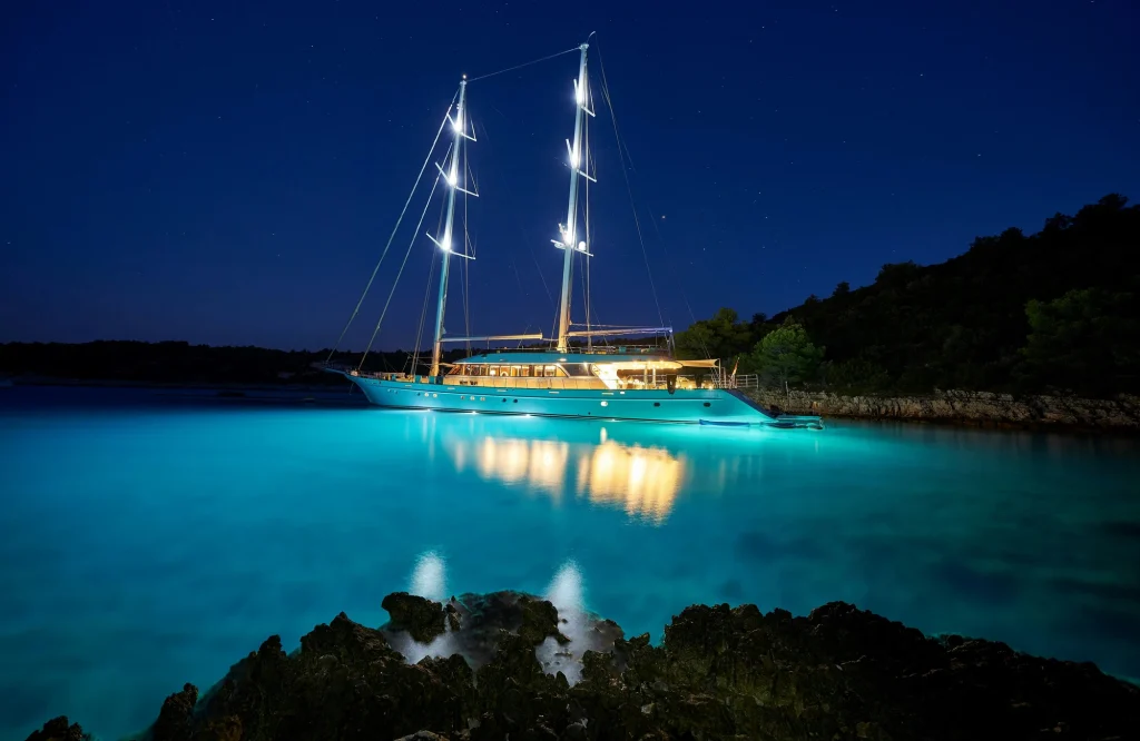 Luxury Superyacht at anchor lit up at night including underwater